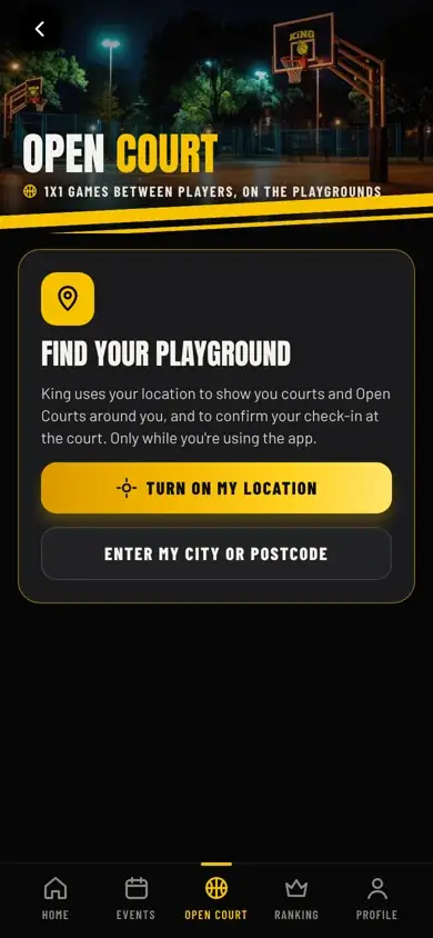 Écran Open Court de l’application King 1x1