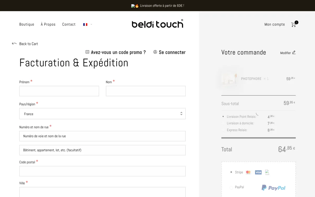 Checkout Beldi Touch sur ordinateur avant la refonte