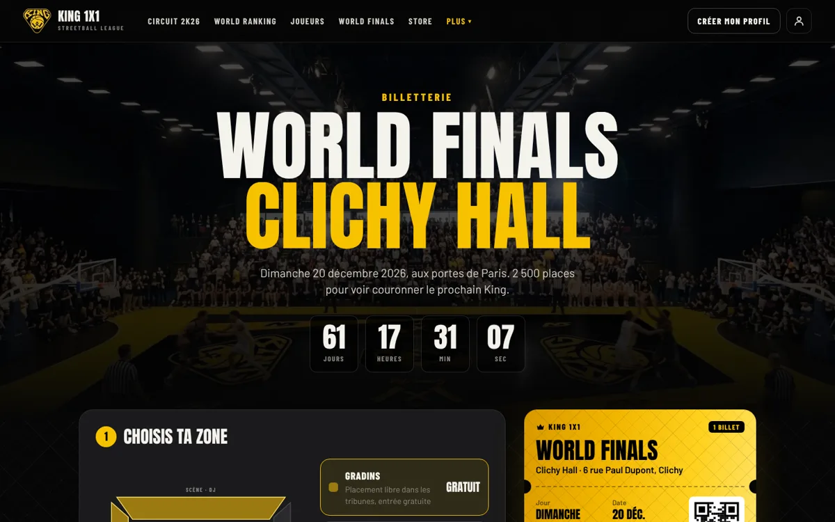 Billetterie de la finale mondiale King 1x1 avec compte à rebours et billet QR code